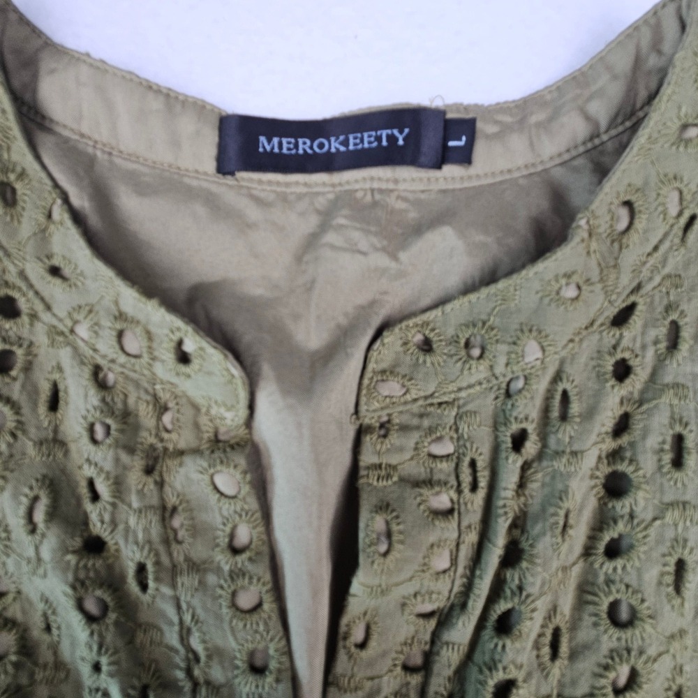 Merokeety Women Olive Green Eyelet Embroidered Split Neck Long Sleeve Blouse L - Picture 2 of 9